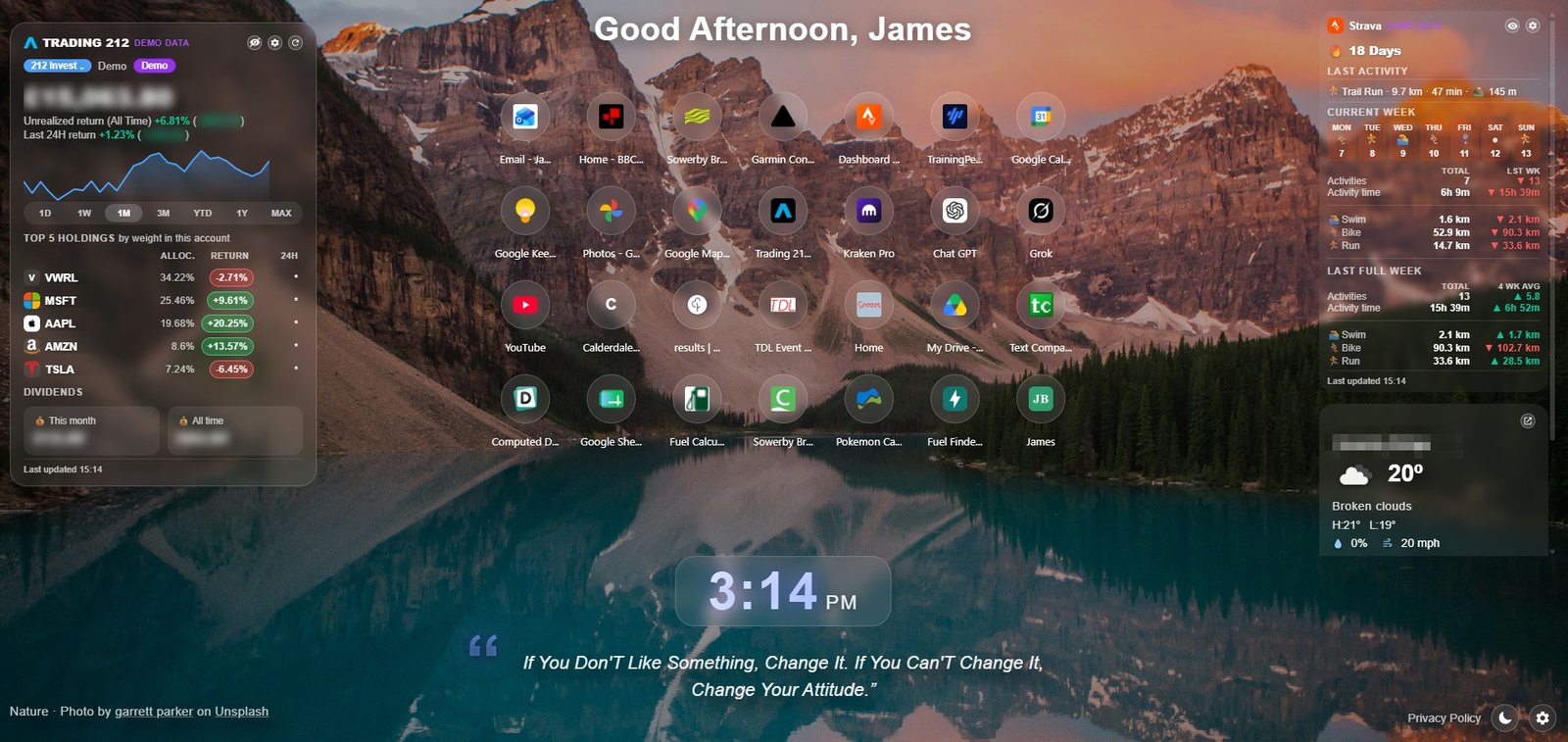 Personal Dashboard Pro on a new tab: a Trading 212 portfolio card with holdings and dividends, bookmark shortcuts, a Strava training card with weekly trends, and local weather over a mountain-lake photo