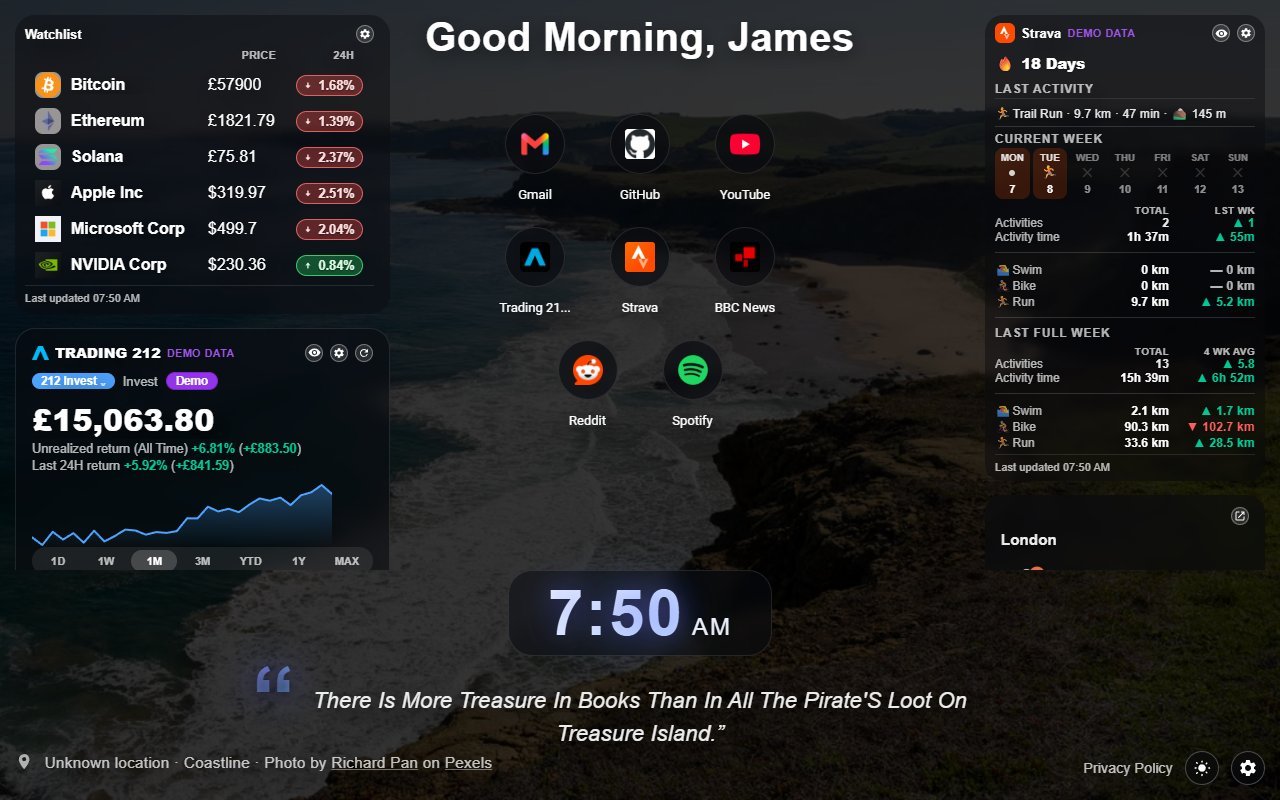 Personal Dashboard new tab with a Trading 212 portfolio card, a Strava training card, watchlist and weather